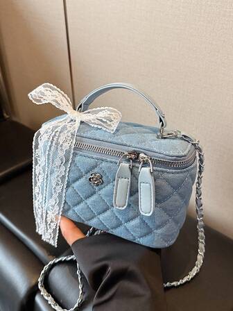 1 pieza Bolso de mano cuadrado pequeño de moda con cremallera, líneas acolchadas, bordado y forma de caja, bolso de hombro versátil para mujer, adecuado para banquetes, trabajadores de oficina, escuelas medias, secundarias y universitarias, incluye bufanda de encaje