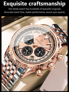POEDAGAR 1pc Men's Fashionable Quartz Watch, Stainless Steel Multi-Function Date Chronograph Waterproof Luminous Pointer Wristwatch, Suitable For Business Occasions - Rose Gold - View 10