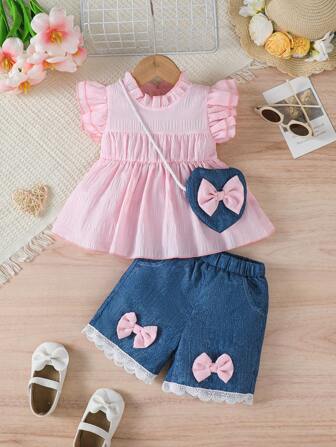 2pcs/Set Baby Girl Casual Fashion Fuchsia Cap Sleeve Dress & White Lace Hem Shorts With Pockets & Bow Decor, Summer Outfit With Mini Bag