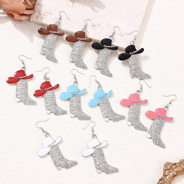 1 par de aretes con forma de botas de vaquero estilo occidental con rhinestones, multicolor