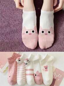 10 Pairs Women Low Cut Ankle Socks, Cute Cartoon Cat Pattern, Casual & Versatile College Style