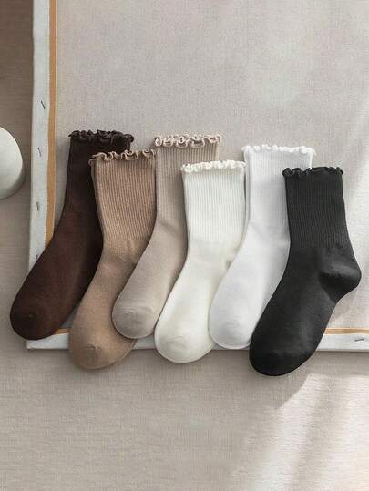6 Pairs Girls' Lolita Style Colorful Ruffle Trim Ankle Socks, Versatile For Dresses