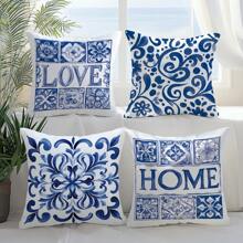 4PCS Blue And White Porcelain Floral "LOVE" "HOME" Letter Pattern Pillow Covers [Without Pillow Inserts], 17.7*17.7in(45*45cm), [Single-Sided Printing], Polyester Decor Pillow Cases, Home Decor, Bedroom Decor, Room Decoration For Sofa, Bed, Living Room, Bedroom, Car, Office, Hotel, Perfect Gift For Family And Friends, All Seasons