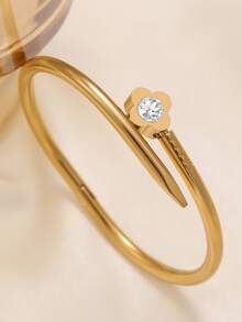 4-Leaf Clover Zirconia Stainless Steel Bracelet & Bangle Set For Women, Fashionable Luxury Accessory For Daily, Party, Couple Date, Gift (No Gift Box Included) - Yellow Gold - View 6