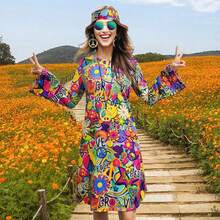 5PCS 70s 80s Hippie Dress Costumes Necklace Earrings Women Disco Outfit, 60s Party Costume, Party Retro Dresses Prom Halloween