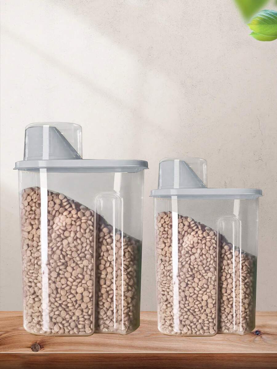 1pc Food Storage Container With 1pc Foldable Bowl, Plastic Transparent Material Pet Food Sealed Canister With Measuring Cup, Snack Divider Storage Box For All Seasons - Pink - View 1