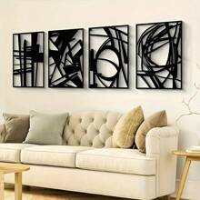 HELLOYOUNG 4 Pieces Of Simple Black Metal Wall Decor 4 Pieces Of Simple Abstract Black Metal Wall Decor, Fashionable Theme Design, Metal Surface, Suitable For Modern Home Decor, Home Decoration, Room Decor, Bedroom Decor, Bathroom Decor, Waterproof