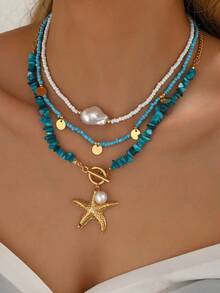 3pcs/Set Bohemian Beach Style Turquoise Starfish Pendant Necklace Multi-Layered Beaded Necklace Decorated With Imitation Pearls And Disc Tassel Design Women's Fashion Necklace Suitable For Beach Vacation Wear And Gift Giving - Multicolor - View 7