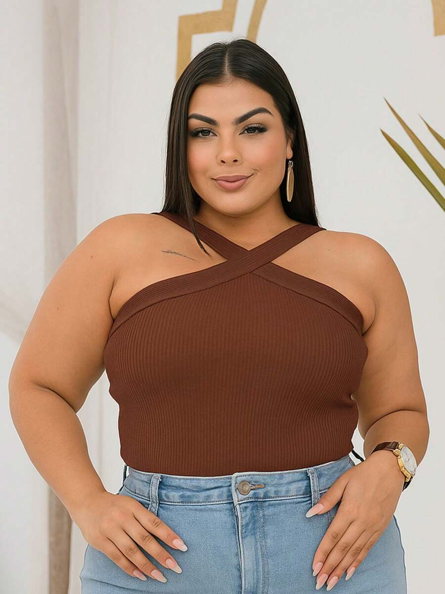 Plus Size Blouse Braided Neck Elasticity Plus Size Criss Cross Special Vintage Elegant Party Sexy Casual Cute Criss Cross Fabric Holiday Evening Daily Birthday Party Homecoming Bachelorette Party Travel - 鏽棕色 - 查看 1