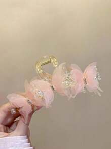 1pc Elegant Pearl & Rhinestone Butterfly Large Hair Claw Clip, Sweet & Cute Hair Accessory, Suitable For Casual, Outing, Party Matching, Pink Fashion Hair Clutch