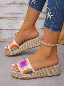 1 pereche de sandale cu platformă și baretă țesută cu flori, stil boem, sandale de vară impermeabile cu talpă groasă, pentru fete, bej