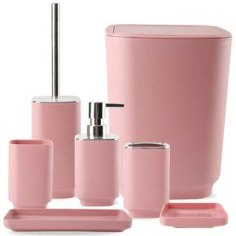 7 件套浴室套装、托盘、牙刷架、牙刷杯、皂液器、皂盒、马桶刷、弹出式垃圾桶、浴室装饰和乔迁礼物浴室配件浴室收纳盒返校收纳