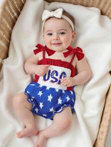 0-18 Months Baby Girl Independence Day Cami Romper Sleeveless Star Stripe Print Tie Shoulder Jumpsuit - Red - View 3