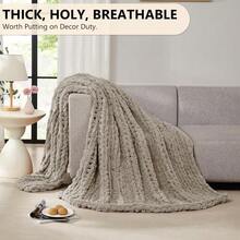Chunky Knit Blanket - Soft Chenille Yarn Throws 40x50: Handmade Thick Cable Crochet Blanket - Large Chunky Yarn Rope Knot Throw For Couch, Sofa, Bed Home Decor - 淺亞麻色 - 查看 5