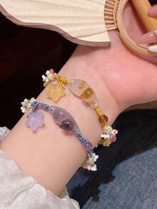 2 chiếc vòng tay dệt thủ công với mặt dây chuyền hình mèo và ngôi sao dễ thương, món quà độc đáo cho bạn thân, vợ, lễ hội, trang sức động vật, 1 màu xanh và 1 màu vàng, màu mặt dây chuyền ngẫu nhiên - 2 dây đeo cổ tay - Xem 5