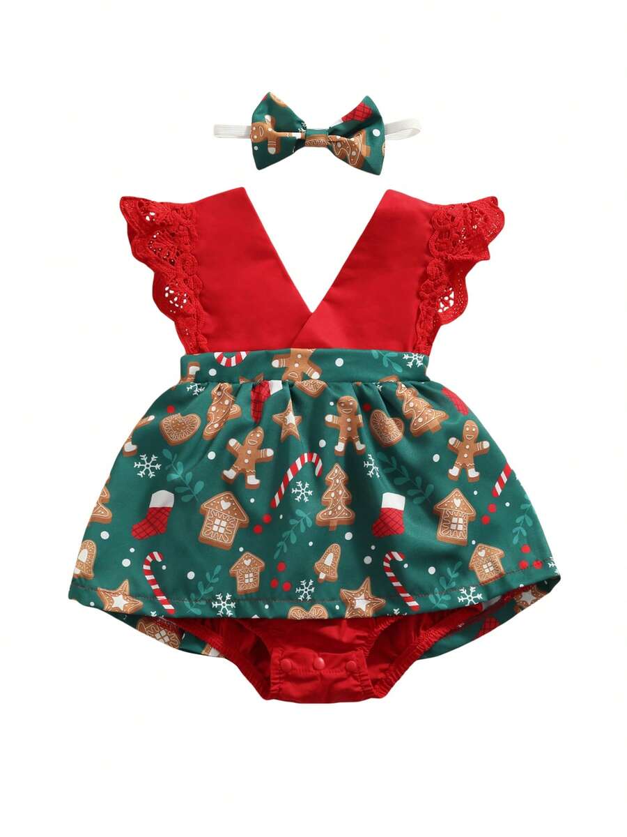 Newborn Baby Girl Christmas Romper Dress Lace Sleeveless Tutu Bodysuit Xmas Outfit + Headband My First Christmas Clothes - Green - View 1