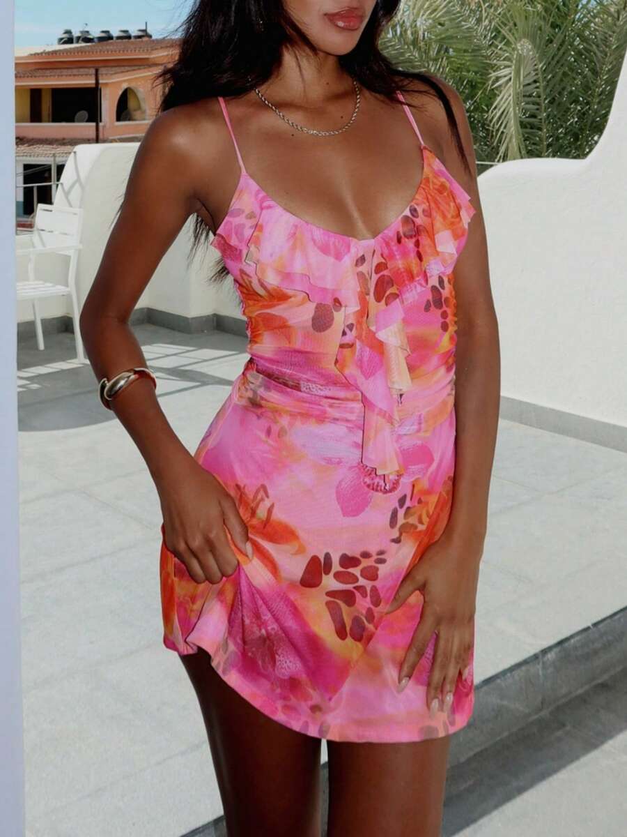 Women's Backless Dress Summer Casual Floral Print Split Party Beach Streetwear - Hồng - Xem 1