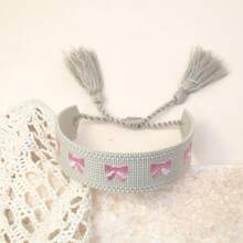 1 buah Gelang Anyaman Pita Boho Bordir Buatan Tangan, Cocok Sebagai Hadiah Untuk Keluarga, Teman, Pelajar, Ideal Untuk Pesta, Perjalanan Dan Pemakaian Sehari-hari - Grey - View 2