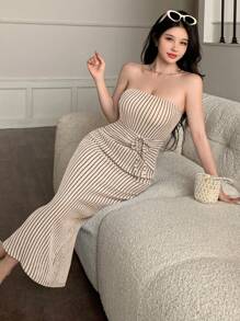 abyoxi Apricot Color Off Shoulder Waist Drawstring Tied Design Sexy Slim Fit Tube Top Midi Dress With Stripe Textured Fabric Casual Vacation Simple For Spring And Summer New Fashionable Women's Clothing