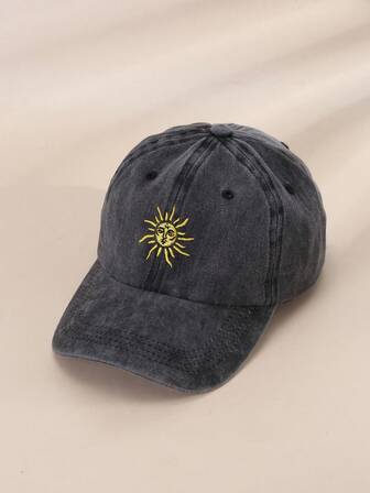 1 pieza Gorra de béisbol con bordado de sol, gorra unisex de verano con lavado vintage, transpirable y ajustable para exteriores y golf, sombrero de sol de borde curvo de moda para mujeres, gorra de sol para parejas