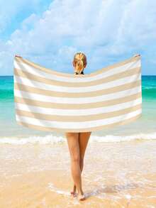 1 件简约条纹沙滩巾，超大速干吸水无沙沙滩浴巾，非常适合旅行、游泳池、瑜伽、健身、沙滩活动、假日必需品（单面印花）、沙滩配件、泳池浮板 - 黃色 - 查看 7