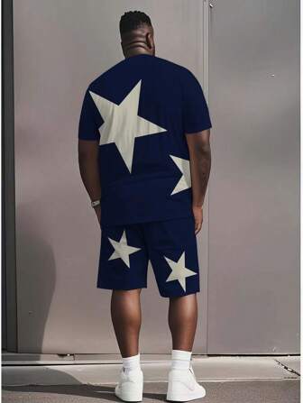 2025 Minimalist Fashion 3D Star Print Men's Plus Size Round Neck Short Sleeve T-Shirt And Beachshorts Set