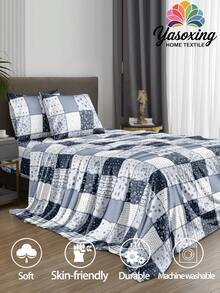 4pcs Blue Bohemian Geometric Floral Pattern Bedding Set, Soft Microfiber Easy Care Bedding Set, Floral Pattern Bed Sheet Set (1 Bed Sheet + 1 Fitted Sheet + 2 Pillow Shams), Fitted Sheet Set, Fits Twin, Full, Queen, King Size - Multicolor - View 2