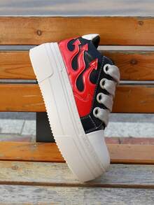 Chunky Heel Platform Mixed Color Unisex Shoes, All Match Fashion Increase Runway Sport Casual Trainers, Red Fire Sewing Outdoor Sneakers, Tennis Female Skateboard Shoes - 紅色 - 查看 8