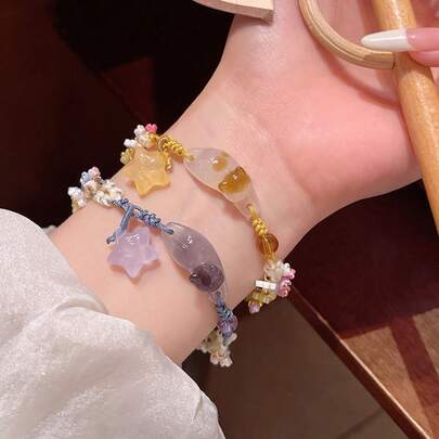 2 chiếc vòng tay dệt thủ công với mặt dây chuyền hình mèo và ngôi sao dễ thương, món quà độc đáo cho bạn thân, vợ, lễ hội, trang sức động vật, 1 màu xanh và 1 màu vàng, màu mặt dây chuyền ngẫu nhiên