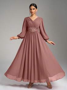 SUPGIR Vestido largo de gasa con cuello en V, cintura plisada, adorno de perlas y mangas farol