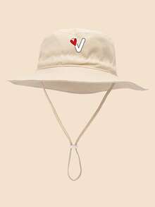 1 pieza Sombrero de sol para niños con patrón de corazón y letra, con cordón ajustable a prueba de viento, estilo casual tipo cubo para uso diario al aire libre, playa, protección solar - Beis - Ver 11