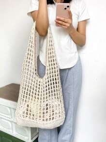 Fashion Hollow Out Knitted Women Tote Bag, Casual Simple Large Capacity Handbag, Portable Ladies Shopping Bag, Suitable For High School/College Students, Outdoor, Travel, Beach, Mother's Day Gift