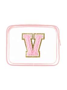 1个透明PVC便携式收纳袋，带毛巾，绣有字母A-Z，大容量化妆品收纳包，防水，带拉链，化妆包，化妆品袋，旅行收纳包，美妆包，可装口红