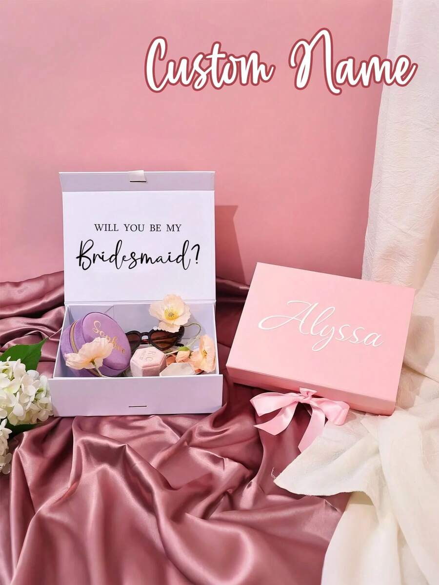 1pc-Customized Name Gift Box, Personalized Bridesmaid Party Gift Box, Customized Double-Sided Gift Box, Personalized Gift Box Lid, Magnetic Customized Gift Box Lid And Ribbon Gift, Magnetic Empty Gift Box, Customized Gift Box, Will You Be My Bridesmaid, Bridesmaid Proposal Box, Perfect Gift For Wedding, Birthday Or Any Other Occasion - Multicolor - View 1