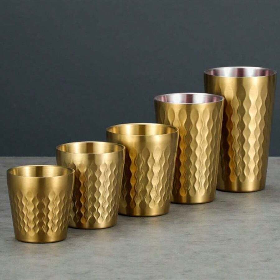 1pc Stainless Steel Double-Layer Insulated Coffee Cup (Gold), Creative Diamond Embossed Pattern, Home Use Coffee Cup Keeps Warm/Cold, Anti-Drop & Easy To Clean - Gold - View 1
