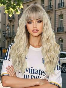 22吋長捲髮帶劉海假髮,自然柔軟的合成纖維頭髮更換假髮,適用於女性日常和派對使用