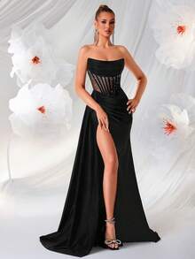 Women's Elegant Strapless, Diamond Hot Stamping, Hollowed Out High Waisted, Long Ribbon, Split Open, Backless Strap, And Floor Party Dress For Prom Birthday Party Evening Date Homecoming Party Wedding Guest Formal Dinner Family Festival - 黑色 - 查看 8