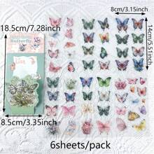 6pcs Flower & Butterfly Stickers - Self-Adhesive PET Plastic Stickers For Scrapbooking, Journals, DIY Crafts, With Blue, Gold Accents, Leaves And Butterflies, Rectangular Shape, Scrapbooking Stickers, Butterfly Decor,School Supplies,Back To School