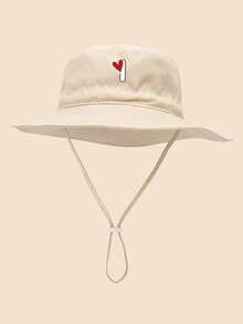 1 pieza Sombrero de sol para niños con patrón de corazón y letra, con cordón ajustable a prueba de viento, estilo casual tipo cubo para uso diario al aire libre, playa, protección solar - Beis - Ver 23