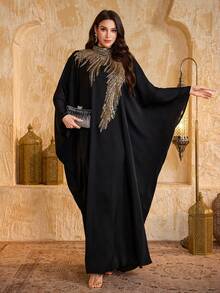 SUPGIR Women's Mandarin Collar Batwing Sleeve Sequin Patchwork Chiffon Elegant Slim-Fitting Evening Dress - Black - View 5