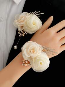 1 件胸花 + 1 件腕带花卉套装，香槟色和杏色，适合婚礼新郎、新娘、伴娘、舞会、日常穿着的飘逸装饰 - 杏色 - 查看 2