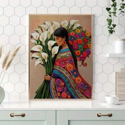 1 pieza Impresión en lienzo del retrato clásico moderno decorativo de estilo bohemio de Diego Rivera, apto para hogar, oficina, sala de estar, dormitorio - Cartel de arte con flor de loto en forma de herradura. Marco opcional