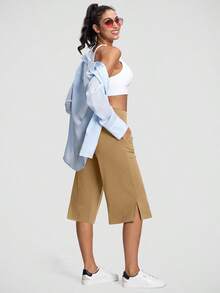 Women's Wide Leg Yoga Capris High Waist Loose Fit Dress Pants With Pockets Casual Lounge Capri Pants For Women - 深卡其色 - 查看 4