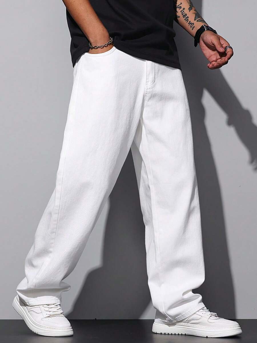 1pc Fashionable Classic High-Quality Simple Denim Jeans For Men, Casual Loose Straight Cut Trousers - White - View 1
