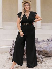 Rusttydustty Combinaison ample en vacances de style bohème pour femmes grande taille, col V profond noir, manches courtes - Noir - Voir 6