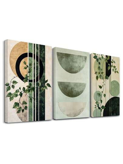 3pcs Minimalist Wall Arts Decor, Green Blends Geometric Artwork, Abstract Canvas Print Wall Painting, Modern Posters, Classic Wall Decor, Elegant Home Decor, Poster, Room Aesthetic, Ideal Gift, Optional Frame ,Wall Art With Frame