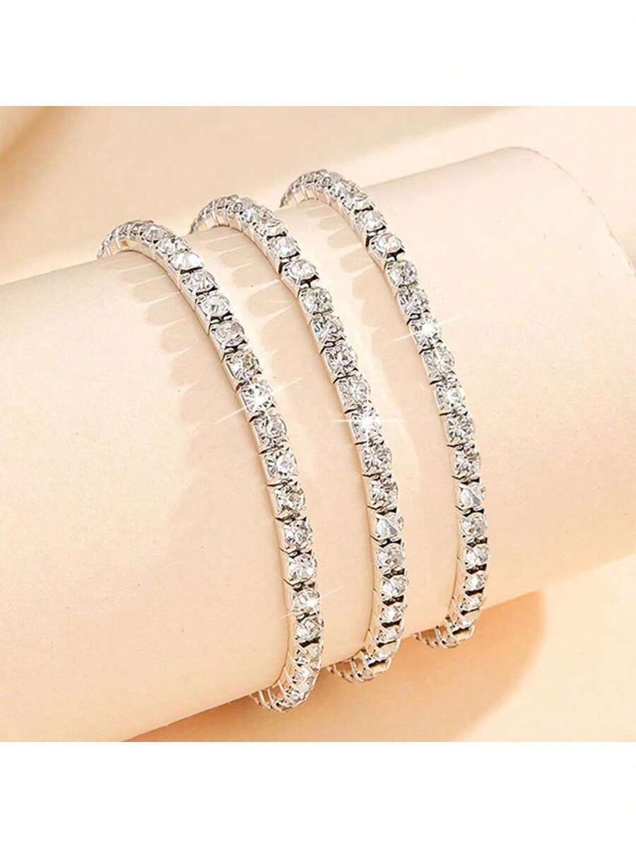 3pcs Sparkling Rhinestone Silver Elastic Bangle Bracelets For Women, Suitable For Party And Evening Wear - Silver - View 1