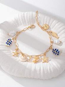 1 件夏日海滩贝壳海星手链，海洋主题波西米亚人造珍珠海洋生物手链，夏季波西米亚女士珠宝适合日常装扮、海滩、旅行、拍照、度假风格配饰 - 彩色 - 查看 1