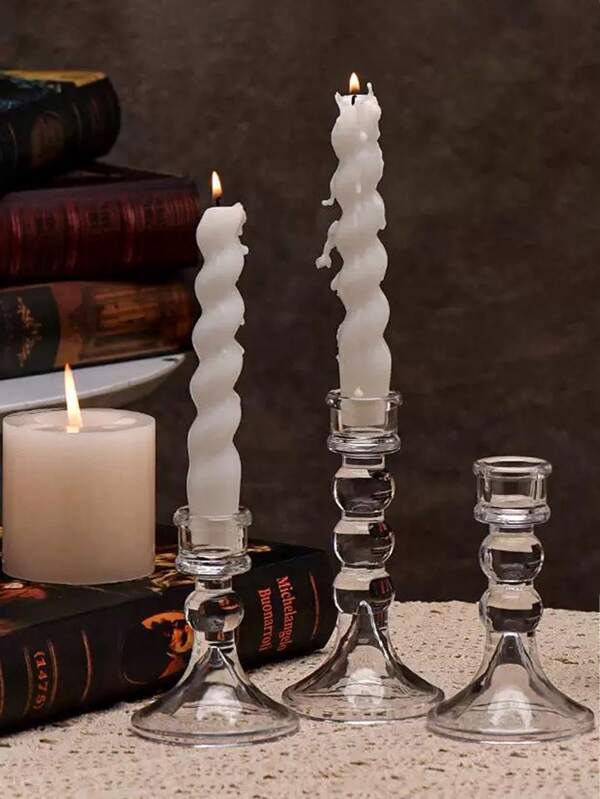 3 Pieces Of European-Style Simple Transparent High Glass Candlesticks, High-End Atmosphere Photo Accessories For Candlelight Dinners, Romantic Candlelight Dinner Table Decorations, Photo Props, And Bedroom Atmosphere Creation For Weddings, Birthdays, Valentine's Day.
