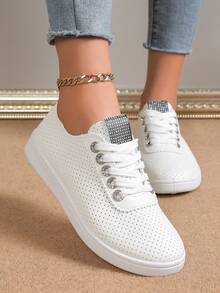 Vintage Preppy Office Outdoor Gym Breathable Hollow-Out White Sneakers - Black - View 3